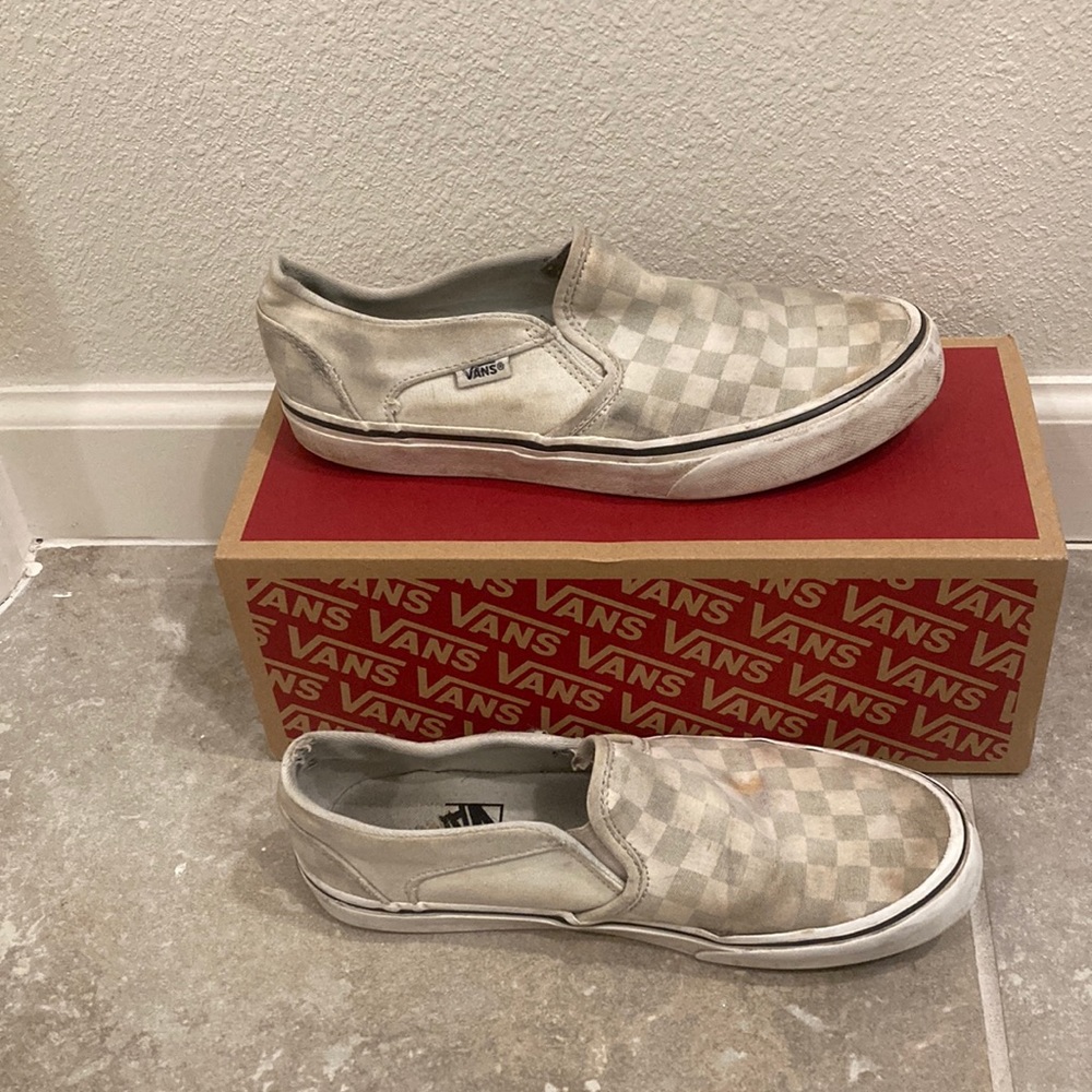 Green checkered slip on vans